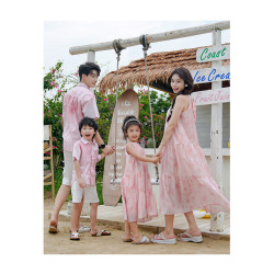 多巴胺穿搭親子裝一家三口海邊度假母女裝連衣裙絕美海邊沙灘長裙