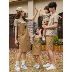 高級條紋親子裝夏季一家三口背帶套裝洋氣母子母女裝四口全家服潮