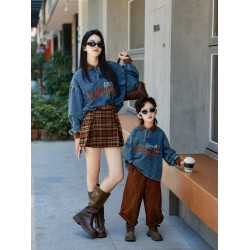 又潮又酷親子裝母子美式復古襯衫秋季新款兒童翻領字母刺綉牛仔衣