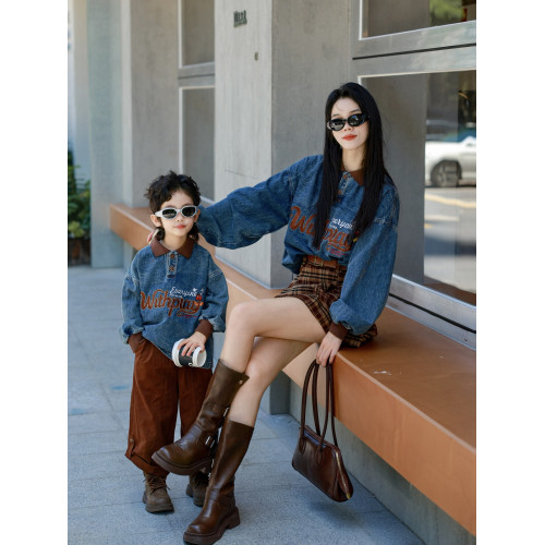 又潮又酷親子裝母子美式復古襯衫秋季新款兒童翻領字母刺綉牛仔衣 又潮又酷親子裝母子美式復古襯衫秋季新款兒童翻領字母刺綉牛仔衣