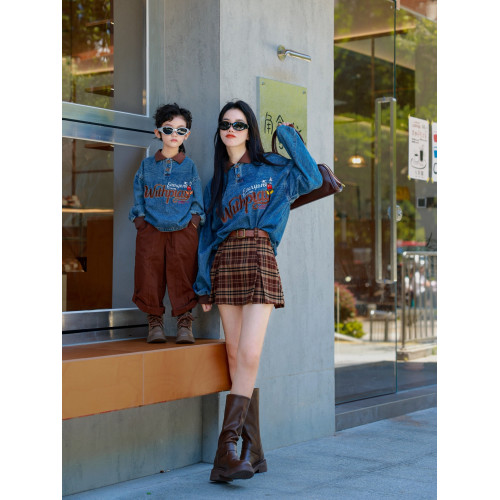 又潮又酷親子裝母子美式復古襯衫秋季新款兒童翻領字母刺綉牛仔衣 又潮又酷親子裝母子美式復古襯衫秋季新款兒童翻領字母刺綉牛仔衣