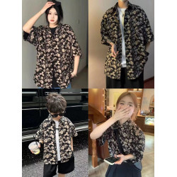 炸街親子裝夏季2025新款復古港味一家三口母子母女花襯衫痞帥襯衣