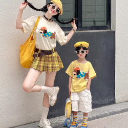 圓小柒特別的親子裝男女童短袖T恤母女母子一家三口四口多巴胺裝