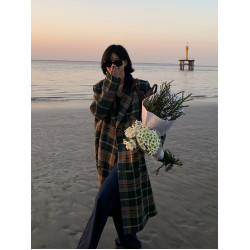 聖誕綠格子毛呢外套女冬季加厚古著vintage呢子大衣