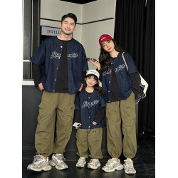 網紅親子裝秋裝一家三口長袖T恤美式復古牛仔男女童外套母子套裝