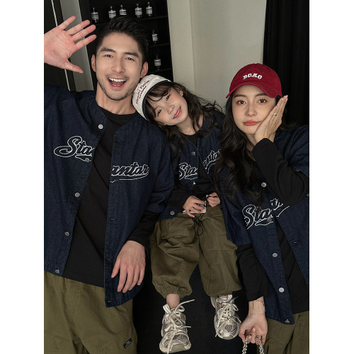 網紅親子裝秋裝一家三口長袖T恤美式復古牛仔男女童外套母子套裝 網紅親子裝秋裝一家三口長袖T恤美式復古牛仔男女童外套母子套裝