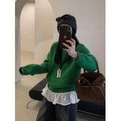 韓系穿搭高級感聖誕綠圓領套頭毛衣女秋冬季軟糯慵懶羊毛針織上衣