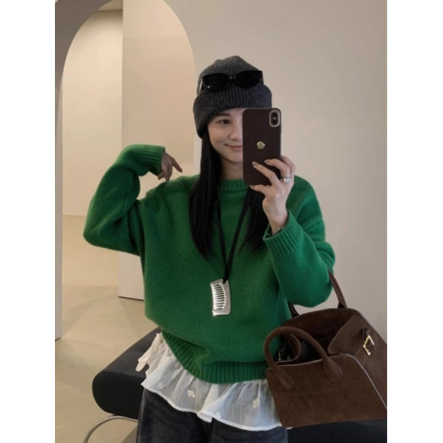 韓系穿搭高級感聖誕綠圓領套頭毛衣女秋冬季軟糯慵懶羊毛針織上衣 韓系穿搭高級感聖誕綠圓領套頭毛衣女秋冬季軟糯慵懶羊毛針織上衣