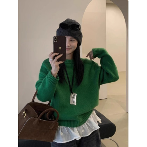 韓系穿搭高級感聖誕綠圓領套頭毛衣女秋冬季軟糯慵懶羊毛針織上衣 韓系穿搭高級感聖誕綠圓領套頭毛衣女秋冬季軟糯慵懶羊毛針織上衣