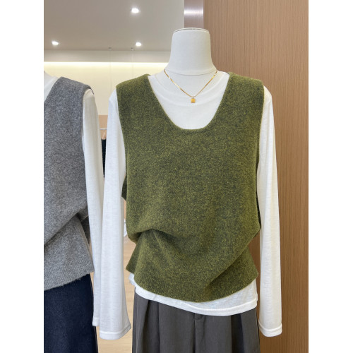 後背鏤空設計感U型領針織馬甲女秋冬襯衫曡穿外搭聖誕綠毛衣背心 後背鏤空設計感U型領針織馬甲女秋冬襯衫曡穿外搭聖誕綠毛衣背心