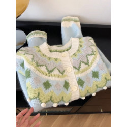 費爾島聖誕綠色冬季氣質單排釦復古加厚羊毛浣熊針織開衫毛衣女裝