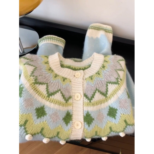 費爾島聖誕綠色冬季氣質單排釦復古加厚羊毛浣熊針織開衫毛衣女裝 費爾島聖誕綠色冬季氣質單排釦復古加厚羊毛浣熊針織開衫毛衣女裝