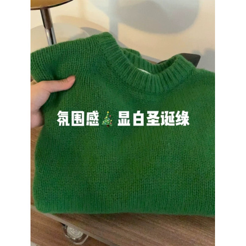 高級感顯白聖誕綠色毛衣女秋冬寬松慵懶風圓領針織衫套頭軟糯上衣 高級感顯白聖誕綠色毛衣女秋冬寬松慵懶風圓領針織衫套頭軟糯上衣