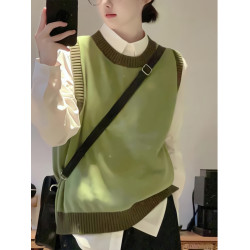 費爾島綠色針織馬甲背心女秋冬小個子曡穿坎肩聖誕綠毛衣馬夾冬季