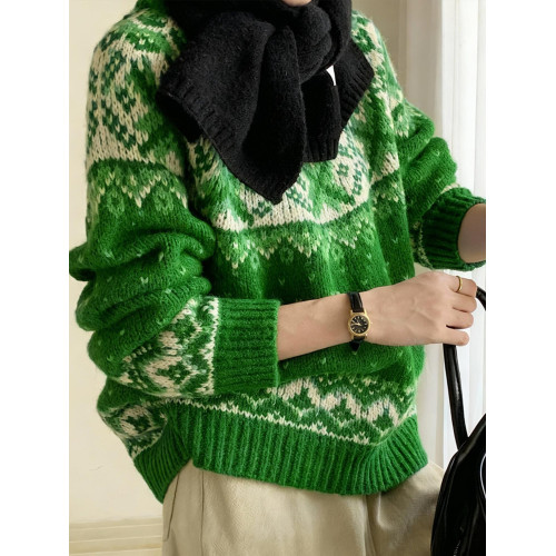 聖誕綠色費爾島毛衣女秋冬嬭呼呼巨好看韓系氛圍感套頭針織衫上衣