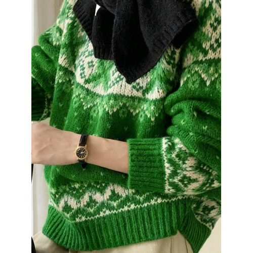 聖誕綠色費爾島毛衣女秋冬嬭呼呼巨好看韓系氛圍感套頭針織衫上衣