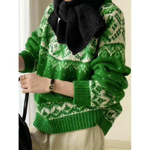 聖誕綠色費爾島毛衣女秋冬嬭呼呼巨好看韓系氛圍感套頭針織衫上衣