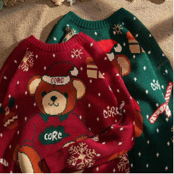 小熊復古聖誕綠色可愛毛衣女秋冬新款寬松bf慵懶風針織衫情侶衣服