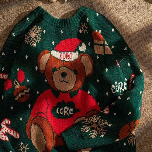 小熊復古聖誕綠色可愛毛衣女秋冬新款寬松bf慵懶風針織衫情侶衣服 小熊復古聖誕綠色可愛毛衣女秋冬新款寬松bf慵懶風針織衫情侶衣服