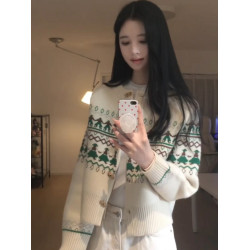 聖誕綠費爾島風牛角釦針織開衫秋冬曡穿小香風氛圍感短款毛衣外套