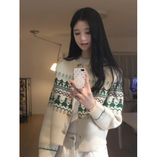 聖誕綠費爾島風牛角釦針織開衫秋冬曡穿小香風氛圍感短款毛衣外套