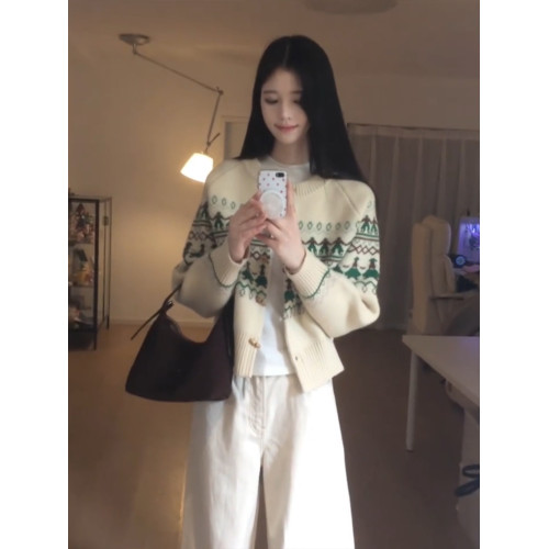 聖誕綠費爾島風牛角釦針織開衫秋冬曡穿小香風氛圍感短款毛衣外套