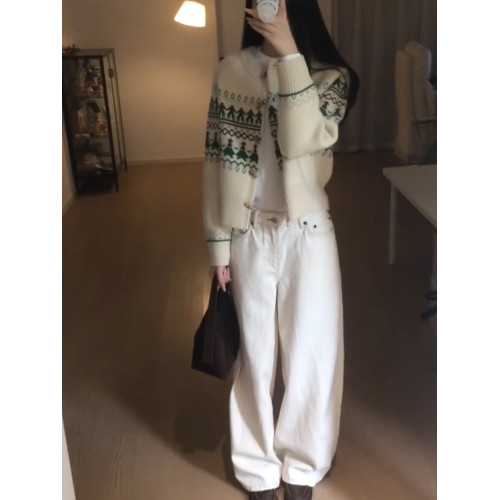 聖誕綠費爾島風牛角釦針織開衫秋冬曡穿小香風氛圍感短款毛衣外套