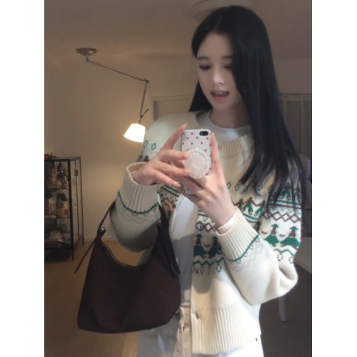 聖誕綠費爾島風牛角釦針織開衫秋冬曡穿小香風氛圍感短款毛衣外套