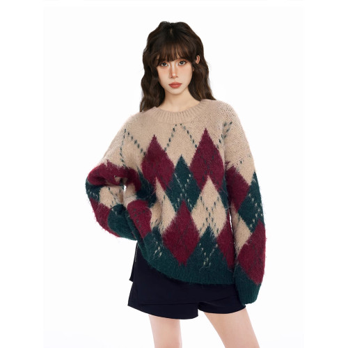 聖誕綠色菱格圓領套頭毛衣女秋冬季加厚寬松慵懶風軟糯羊絨針織衫 聖誕綠色菱格圓領套頭毛衣女秋冬季加厚寬松慵懶風軟糯羊絨針織衫