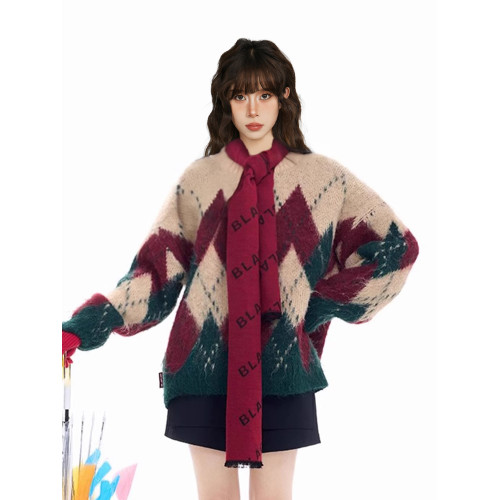 聖誕綠色菱格圓領套頭毛衣女秋冬季加厚寬松慵懶風軟糯羊絨針織衫 聖誕綠色菱格圓領套頭毛衣女秋冬季加厚寬松慵懶風軟糯羊絨針織衫