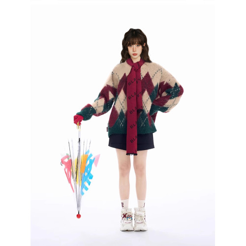 聖誕綠色菱格圓領套頭毛衣女秋冬季加厚寬松慵懶風軟糯羊絨針織衫 聖誕綠色菱格圓領套頭毛衣女秋冬季加厚寬松慵懶風軟糯羊絨針織衫