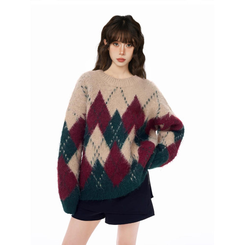 聖誕綠色菱格圓領套頭毛衣女秋冬季加厚寬松慵懶風軟糯羊絨針織衫 聖誕綠色菱格圓領套頭毛衣女秋冬季加厚寬松慵懶風軟糯羊絨針織衫