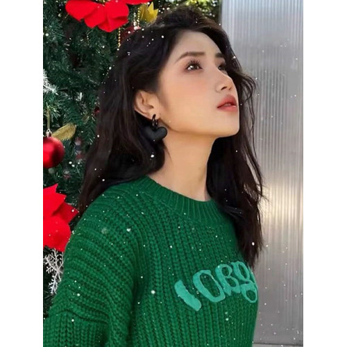 聖誕綠色毛衣女秋冬2025新款甜酷高級感慵懶風寬松短款針織衫上衣 聖誕綠色毛衣女秋冬2025新款甜酷高級感慵懶風寬松短款針織衫上衣