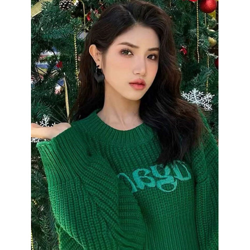 聖誕綠色毛衣女秋冬2025新款甜酷高級感慵懶風寬松短款針織衫上衣 聖誕綠色毛衣女秋冬2025新款甜酷高級感慵懶風寬松短款針織衫上衣