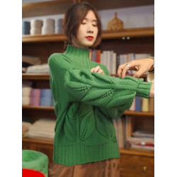 高級感漂亮時尚不撞款古著感慵懶風復古聖誕綠色樹葉絞花高領毛衣