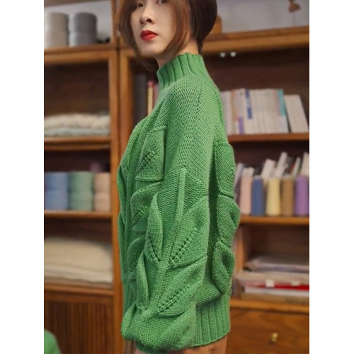 高級感漂亮時尚不撞款古著感慵懶風復古聖誕綠色樹葉絞花高領毛衣 高級感漂亮時尚不撞款古著感慵懶風復古聖誕綠色樹葉絞花高領毛衣