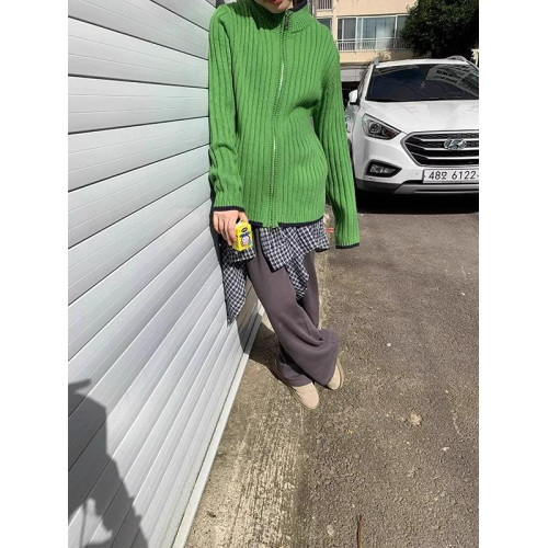 聖誕綠色拉鍊針織開衫女冬季法式復古寬松慵懶拼色立領毛衣外套 聖誕綠色拉鍊針織開衫女冬季法式復古寬松慵懶拼色立領毛衣外套