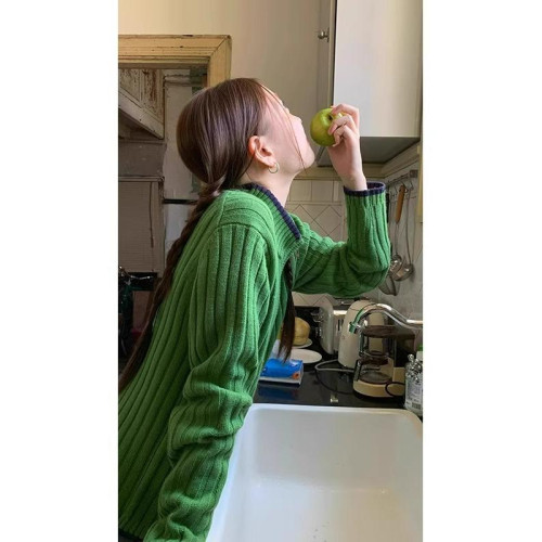 聖誕綠色拉鍊針織開衫女冬季法式復古寬松慵懶拼色立領毛衣外套 聖誕綠色拉鍊針織開衫女冬季法式復古寬松慵懶拼色立領毛衣外套