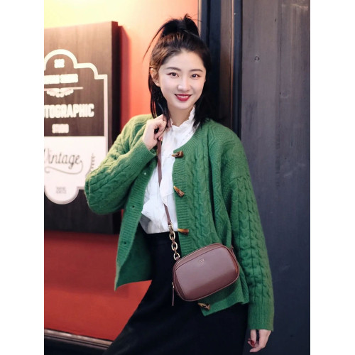 牛角釦聖誕綠毛衣外套女秋2025新款顯白復古寬松圓領麻花針織開衫