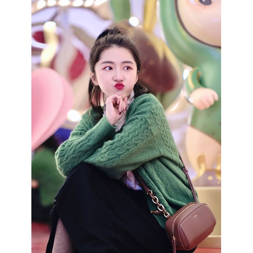 牛角釦聖誕綠毛衣外套女秋2025新款顯白復古寬松圓領麻花針織開衫