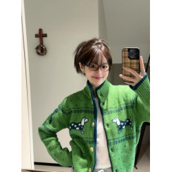 聖誕綠色甜美臘腸狗半高領開衫毛衣女冬季慵懶寬松長袖針織衫上衣