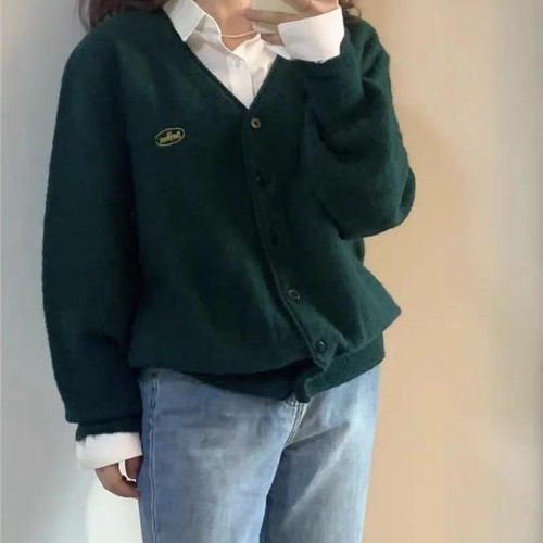 Brandy Girl美式復古聖誕綠V領紐釦針織開衫bm休閒顯瘦百搭上衣女