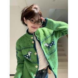 聖誕綠色毛衣女冬季復古寬松慵懶小衆設計感小狗提花針織開衫外套