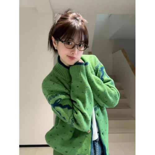 聖誕綠色毛衣女冬季復古寬松慵懶小衆設計感小狗提花針織開衫外套