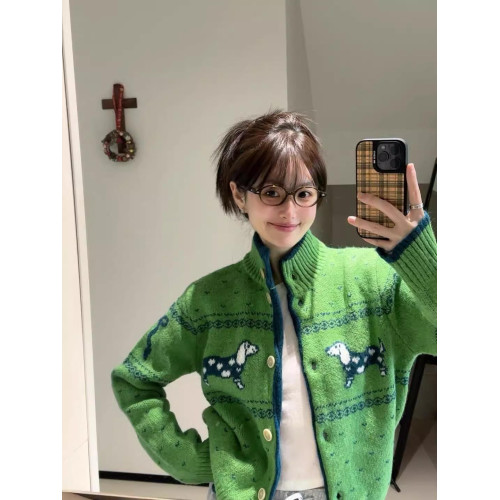 聖誕綠色毛衣女冬季復古寬松慵懶小衆設計感小狗提花針織開衫外套