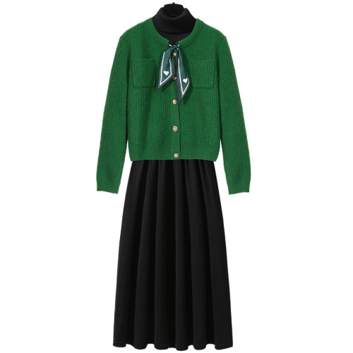 聖誕綠領帶結金銀絲針織毛衣女2025秋冬氣質收腰針織連衣裙兩件套 聖誕綠領帶結金銀絲針織毛衣女2025秋冬氣質收腰針織連衣裙兩件套