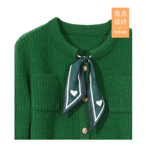 聖誕綠領帶結金銀絲針織毛衣女2025秋冬氣質收腰針織連衣裙兩件套 聖誕綠領帶結金銀絲針織毛衣女2025秋冬氣質收腰針織連衣裙兩件套