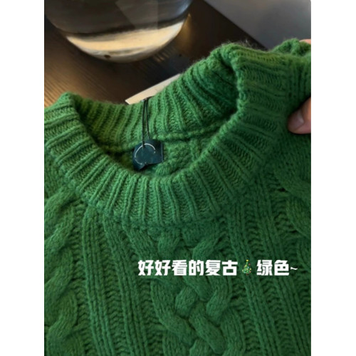 聖誕綠色浣熊絨麻花套頭毛衣女秋冬慵懶風冬季圓領加厚針織衫上衣 聖誕綠色浣熊絨麻花套頭毛衣女秋冬慵懶風冬季圓領加厚針織衫上衣
