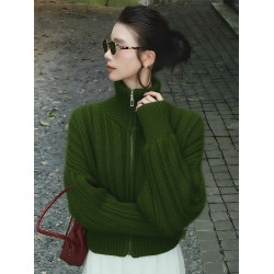 韓系漂亮早秋小上衣高級小資絕美巨好看高級感聖誕綠色立領毛衣女