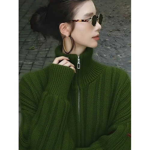 韓系漂亮早秋小上衣高級小資絕美巨好看高級感聖誕綠色立領毛衣女